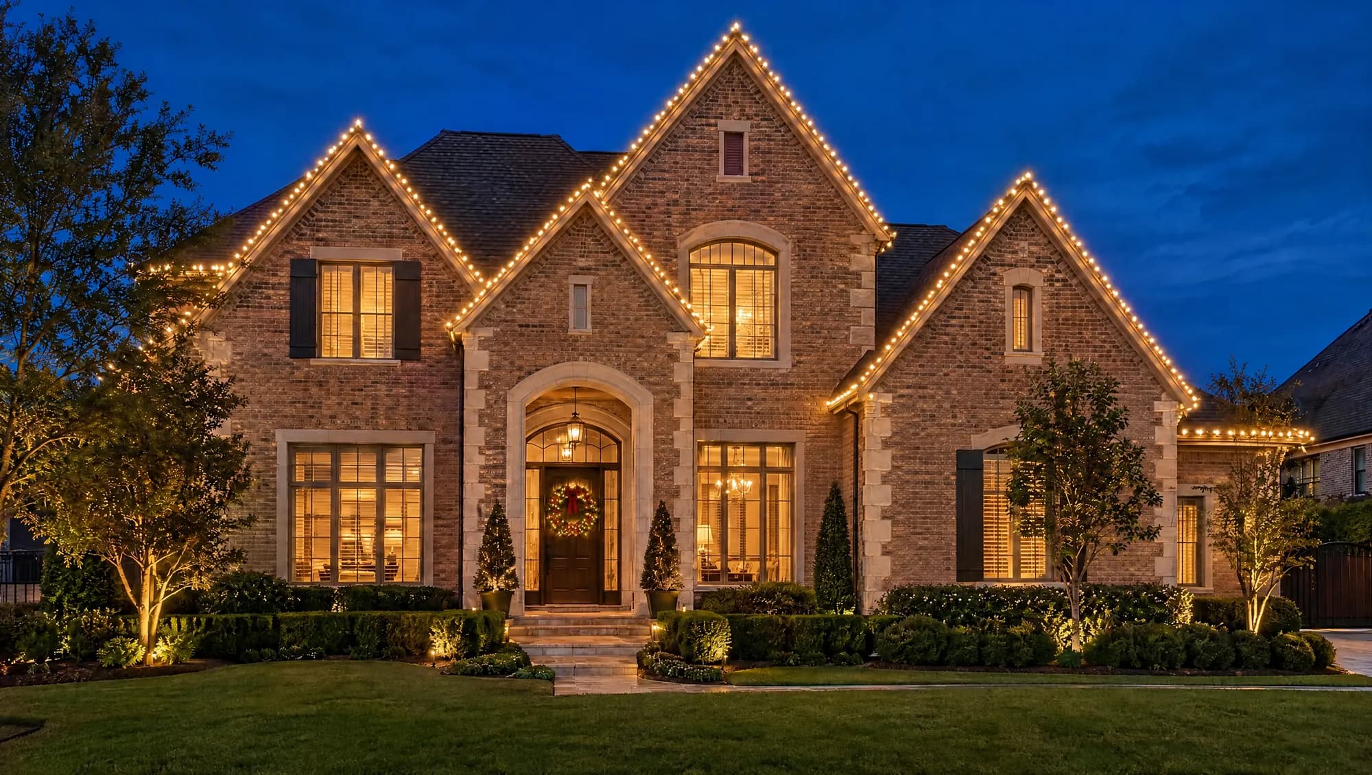 Two-story brick and limestone home with every gable outlined in warm white Christmas lights