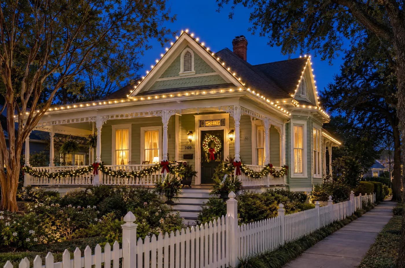 Historic Houston Heights Victorian cottage with a wraparound porch and picket fence, outlined in warm white Christmas lights