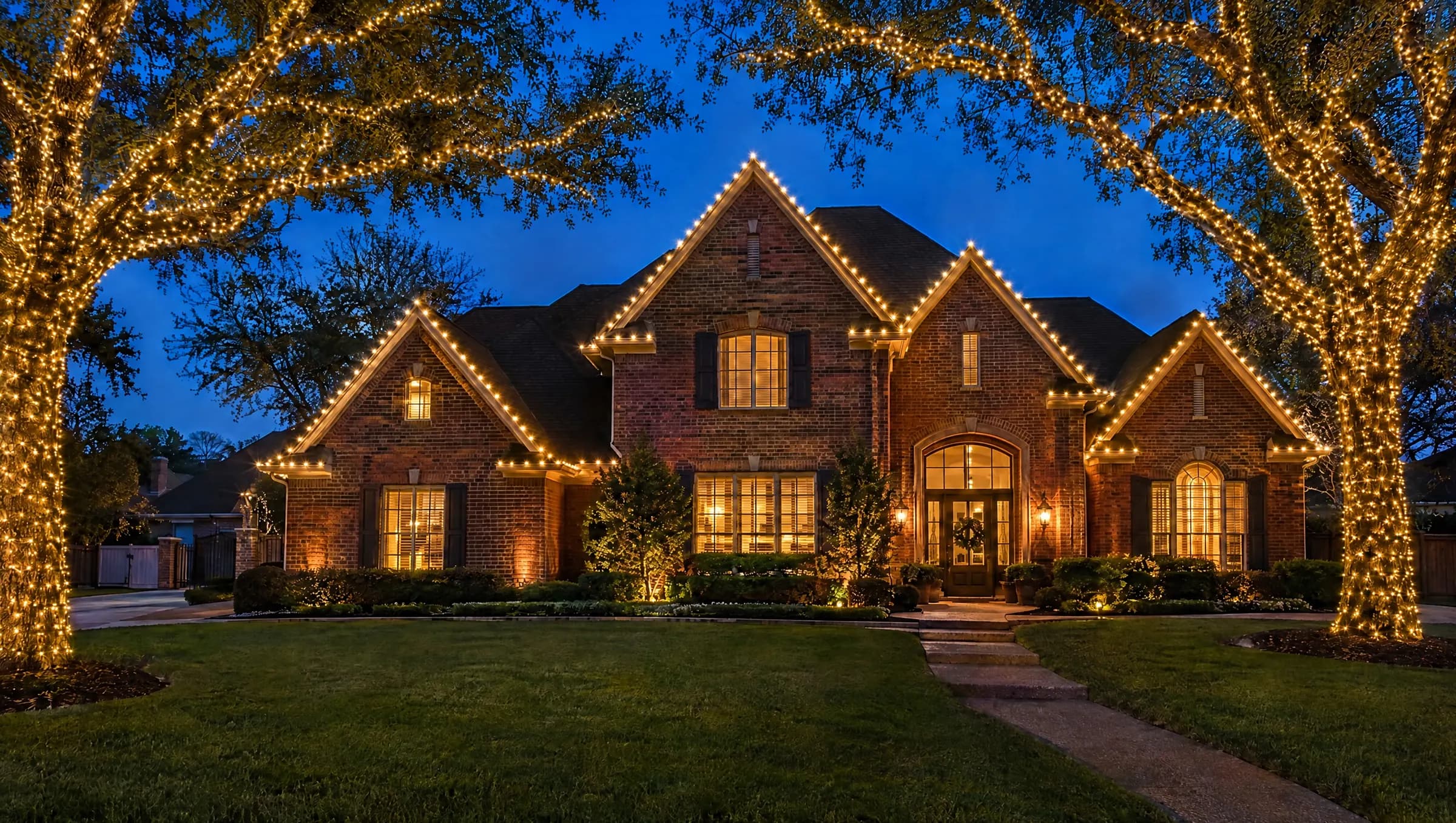 Two-story brick home at dusk with every roofline outlined in warm white Christmas lights and the front oak trees wrapped in lights