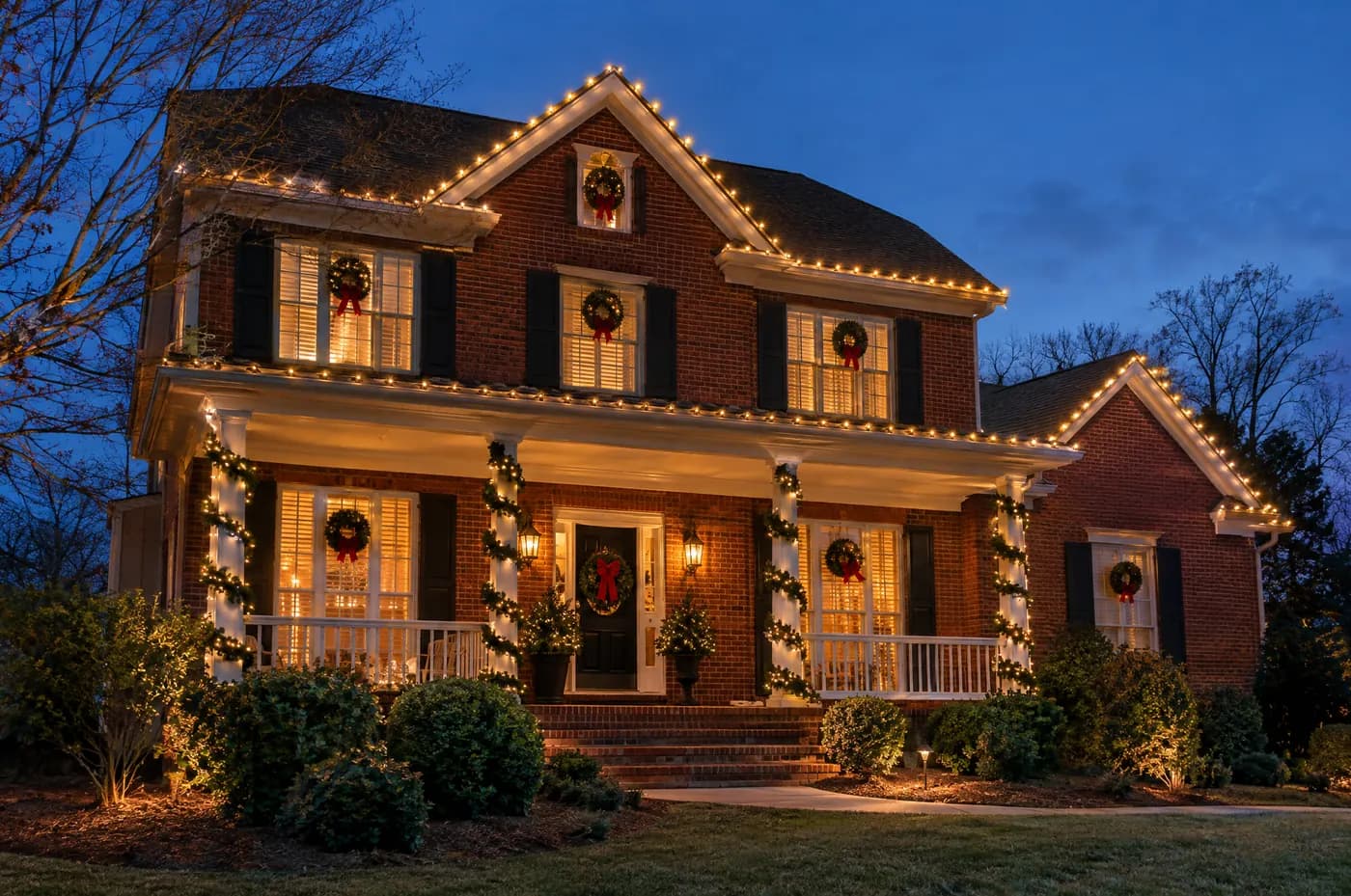 Red brick home with white porch columns wrapped in lit garland and rooflines outlined in warm white lights