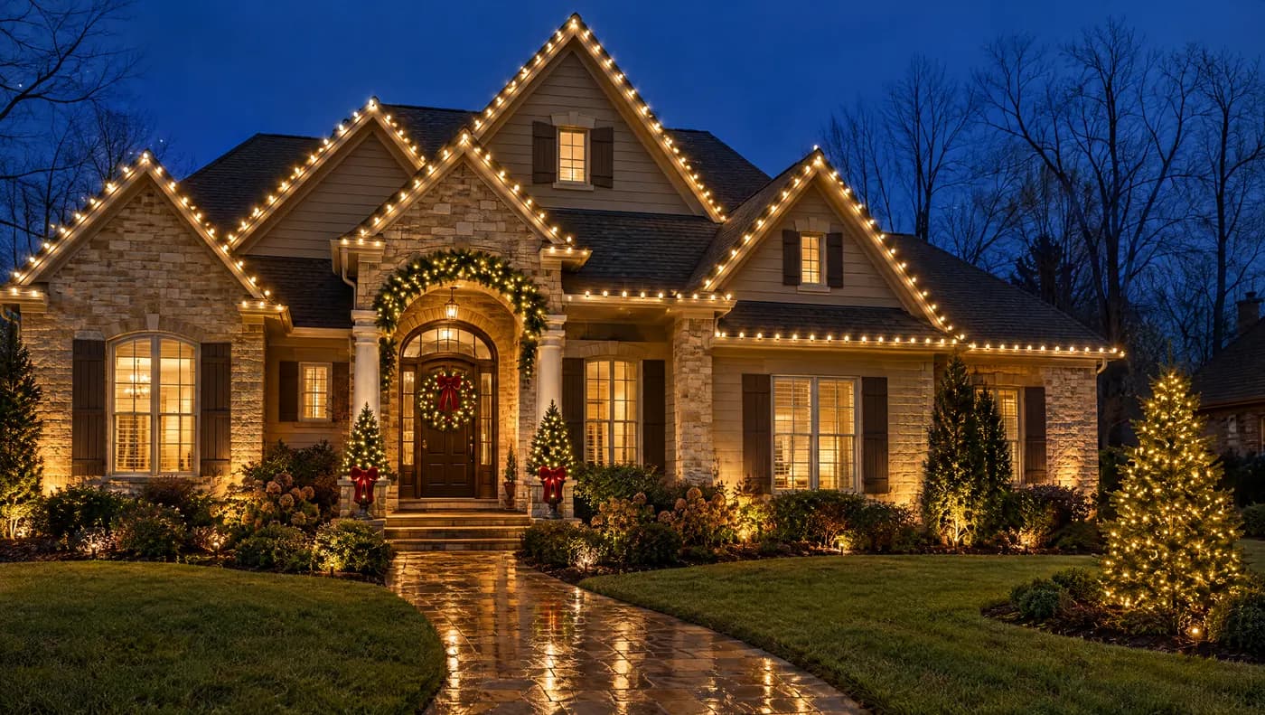 Stone and siding home with lit gables, a garland-framed arched entry, and a glowing walkway